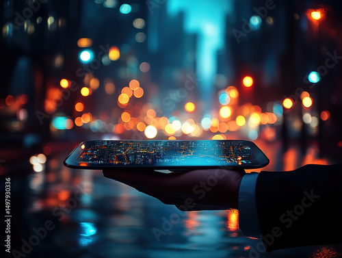 Waiter Hand Holding Digital Tablet with Smart City and IoT Icons