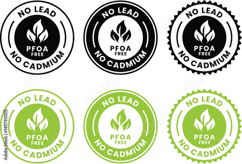 PFOA FREE, no lead, no cadmium logo badge set. PFOA FREE, no lead, no icon set, PFOA FREE, no lead, no emblem. Suitable for business, product label and information
