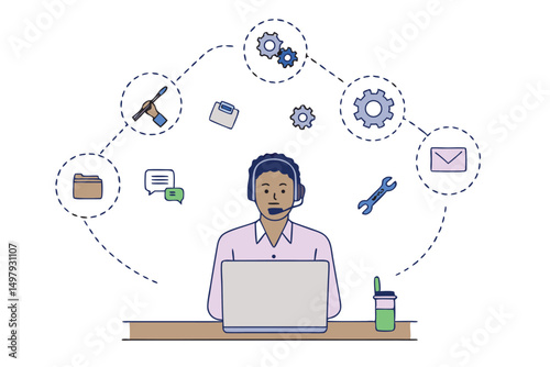 Customer service representative provides support with email chat and technical assistance illustrated