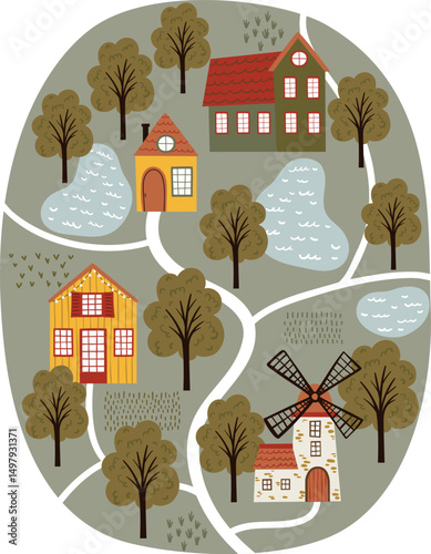 Vector illustration in flat cartoon style. Fun and educational farm map with barn, windmill, animals, tractor, and trees. Isolated on white. Perfect for kids’ posters, games, and learning tools.