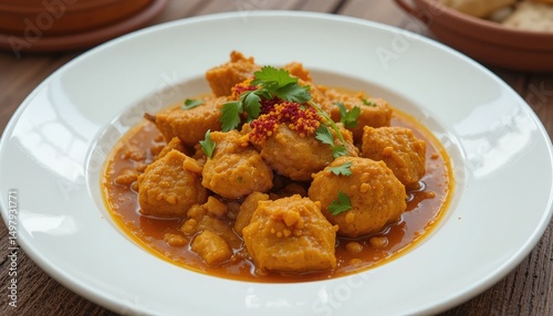 Authentic Indian butter chicken with garlic naan, clay pot, saffron garnish - rich golden tones