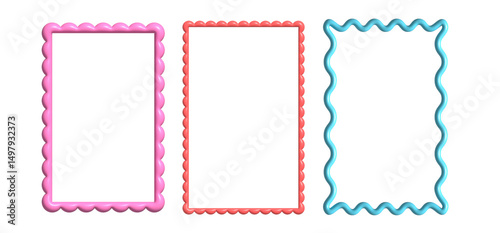 3d multicolor wavy frame. Render of rectangular scallop border in trendy y2k style for modern posters