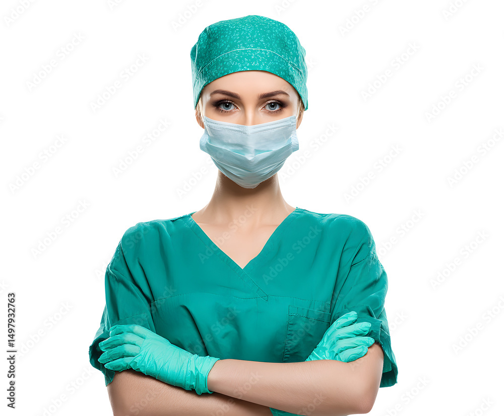 A female doctor in surgical attire, wearing a mask, ready to provide medical assistance. A female doctor in surgical attire, wearing a mask, ready to provide medical assistance.