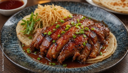 Crispy Peking duck with hoisin sauce, pancakes, and scallions-styled for gourmet restaurant menus