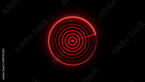 Digital radar screen with glowing red neon circles and sweep, highlighting concept of detection, analysis, and technological monitoring, set against black background