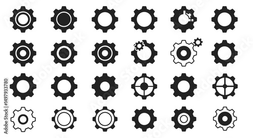 Gears icon set. Setting gears icon. Collection of mechanical cogwheels. White background. Vector illustration with black sprocket sign icons design element.