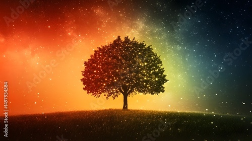 A solitary tree illuminated against a vibrant and colorful cosmic sky landscape background view
