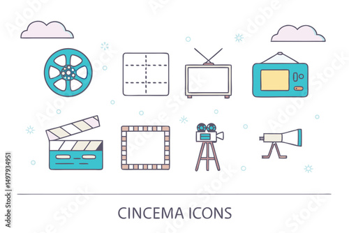 Illustrated cinema icons including reel film camera television clapperboard and telescope on white background