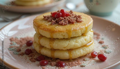 Fluffy Japanese soufflé pancakes with matcha cream and red bean, pastel plates- soft Instagram Mable lighting