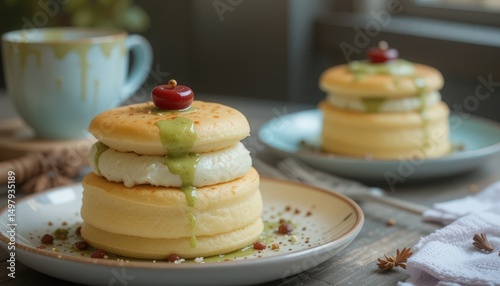 Fluffy Japanese soufflé pancakes with matcha cream and red bean, pastel plates- soft Instagram Mable lighting