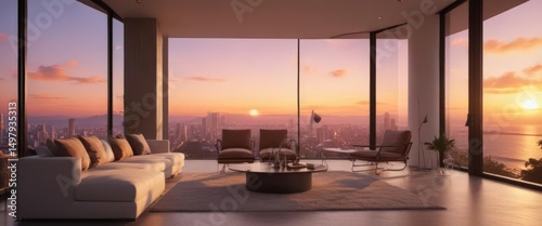 Luxurious condo, breathtaking sunset view, minimalist decor , golden hour, contemporary, scene
