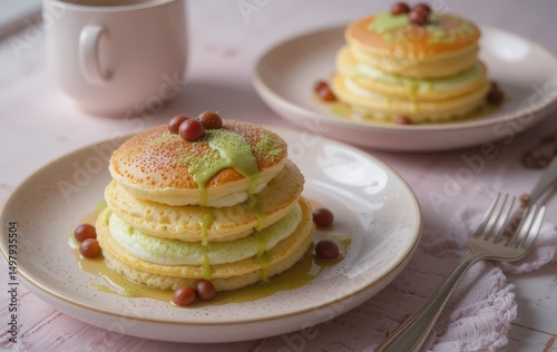 Fluffy Japanese soufflé pancakes with matcha cream and red bean, pastel plates- soft Instagram Mable lighting