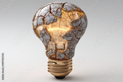 A conceptual image of a lightbulb with a cracked surface, glowing brightly against a plain background, symbolizing fragile ideas, innovation challenges, or the broken promise of technology.
