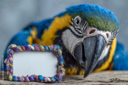 A vibrant blue and yellow macaw leans towards the camera, showcasing its detailed feathers. A colorful, braided tag sits beside it, ready for labeling.