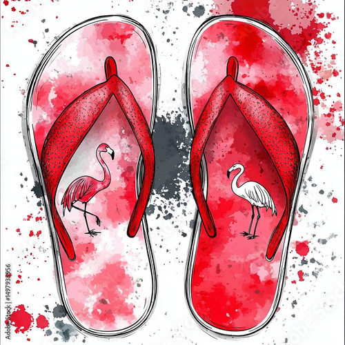 A pair of summer beach flip-flops with pink flamingos on a abstract background with watercolor red and dark spots. Watercolor illustration close-up from above.