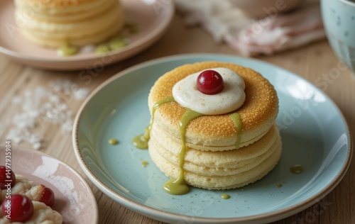 Fluffy Japanese soufflé pancakes with matcha cream and red bean, pastel plates- soft Instagram Mable lighting