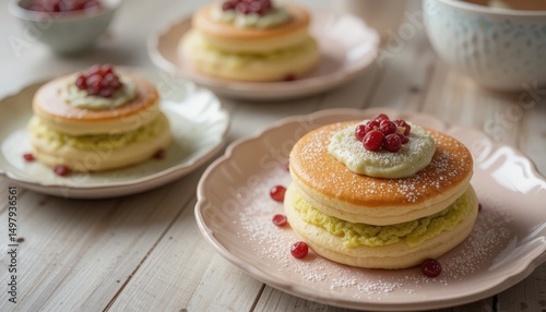 Fluffy Japanese soufflé pancakes with matcha cream and red bean, pastel plates- soft Instagram Mable lighting