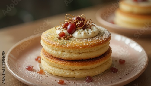 Fluffy Japanese soufflé pancakes with matcha cream and red bean, pastel plates- soft Instagram Mable lighting