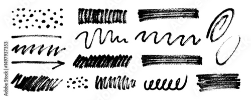 Hand drawn charcoal stroke set. Grunge brush lines and scratchy textures in various forms. Vector elements for underlining, highlighting, text notes and design