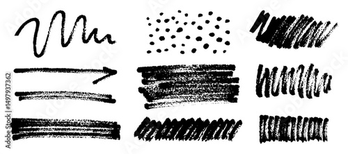 Black charcoal lines and textured brush strokes. Vector hand drawn underlines, smears, strikethroughs, dots and swirls for highlighting and design elements