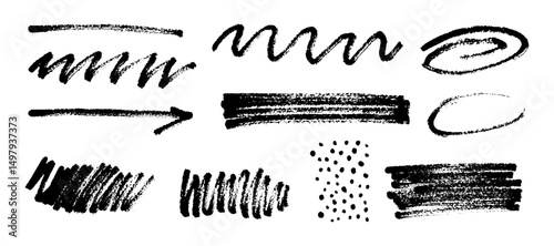 Set of rough charcoal brush strokes. Hand drawn pencil lines and squiggles in doodle style. Grunge sketchy texture collection on white background. Vector illustration
