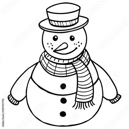 A cheerful outline snowman with a hat and scarf in the winter