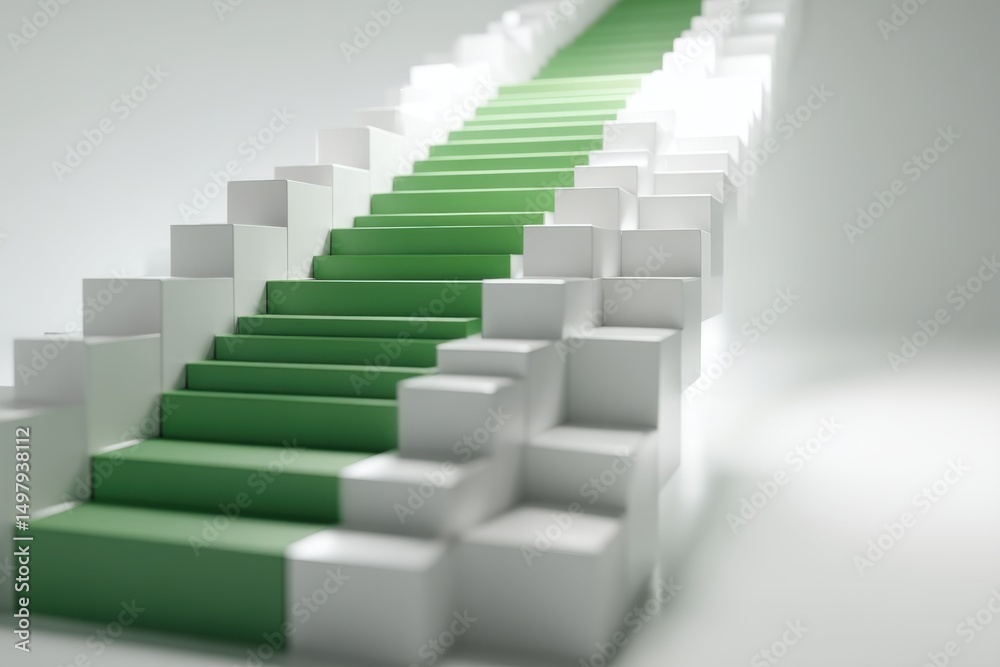 An illustration of green steps leading upwards with white abstract geometric shapes, symbolizing growth and progress in a clean, minimalist design concept. An illustration of green steps leading upwards with white abstract geometric shapes, symbolizing growth and progress in a clean, minimalist design concept.