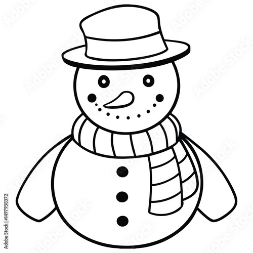 A cheerful outline snowman with a hat and scarf in the winter