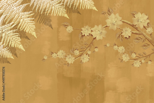 Fototapeta Naklejka Na Ścianę i Meble -  3d floral mural wallpaper with light simple orange background.  flowers and leaves. wall decor	
