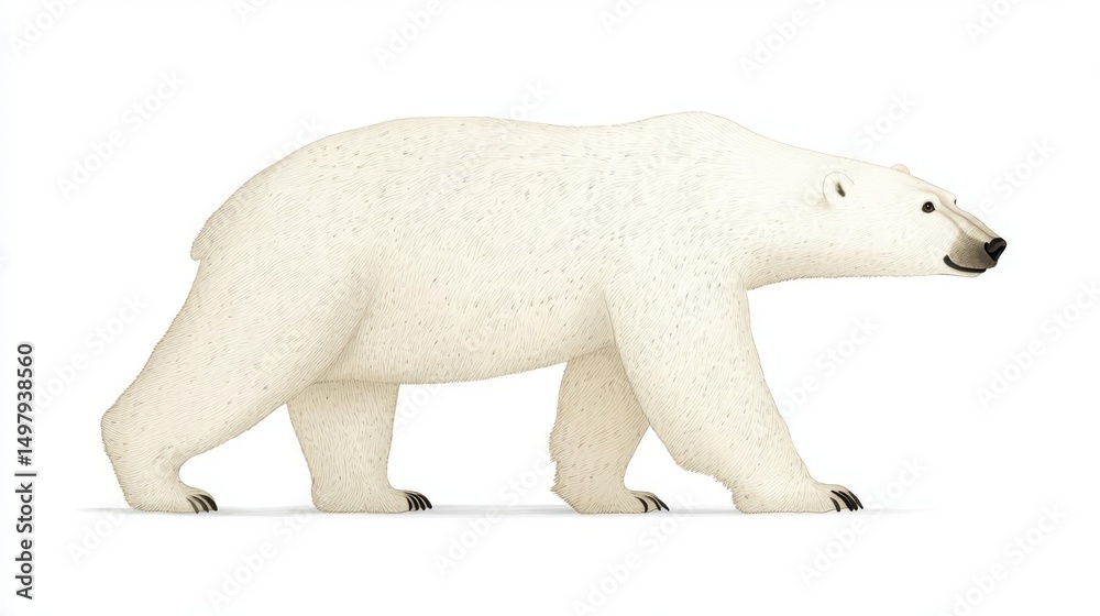 Fototapeta premium A stylized illustration of a majestic polar bear walking gracefully across a white background.