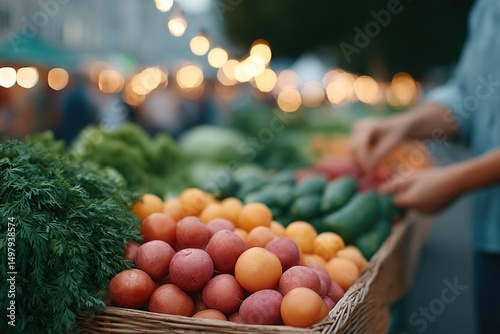 bustling streets with lone market vendor arranging vibrant produce under string lights late afternoon setting minimalistic