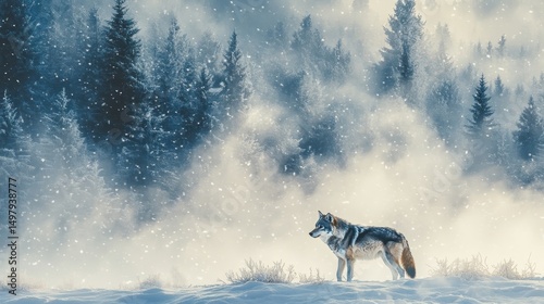 Majestic Wolf Standing Alone in a Snowy Forest Landscape Surrounded by Falling Snowflakes and Misty Atmosphere