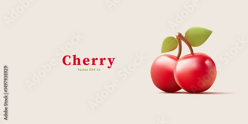 3D bright juicy cherries. Organic, natural, sweet cherry. Homegrown fruit. Vector illustration.