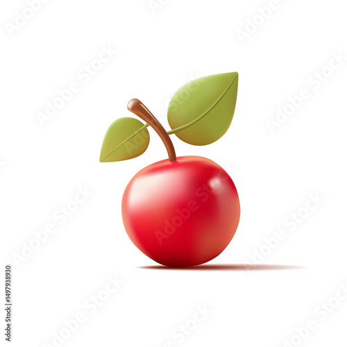 3D cherry with leaves on a white background. Bright organic juicy cherry. Vector illustration.