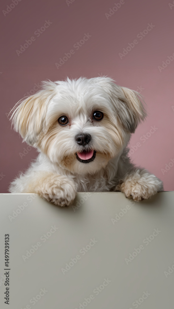 Maltese dog and placard, pink background Maltese dog and placard, pink background