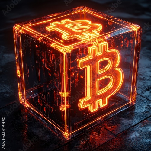 Futuristic Neon Cryptocurrency Cube with Glowing Bitcoin Symbol in High-Tech Digital Environment, Perfect for Illustrating Blockchain and Finance Themes
