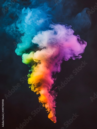A vibrant plume of colorful smoke rising against a dark background with dynamic swirling patterns and gradients