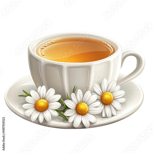 A digital illustration of a steaming cup of tea, in a white, fluted cup and saucer, accompanied by two fresh chamomile flowers on the saucer