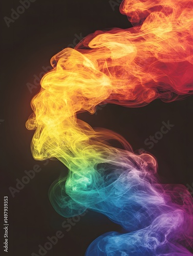 A vibrant display of rainbow colored smoke swirling against a dark and moody background creating a soft effect
