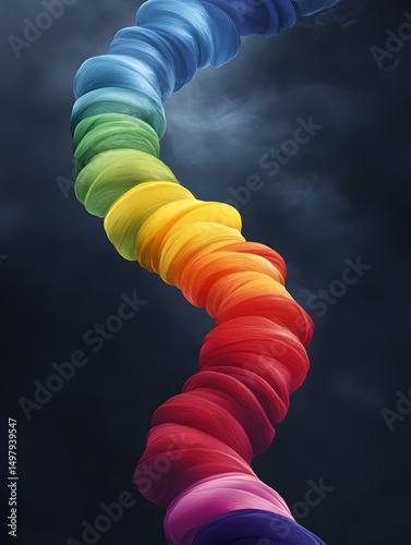 A colorful twisted spiral shape with shades of the rainbow against a dark smoky background