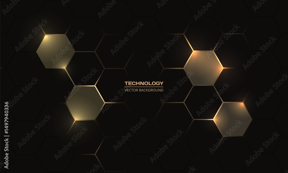 Hexagon technology black and gold colored honeycomb abstract background. Vector illustration