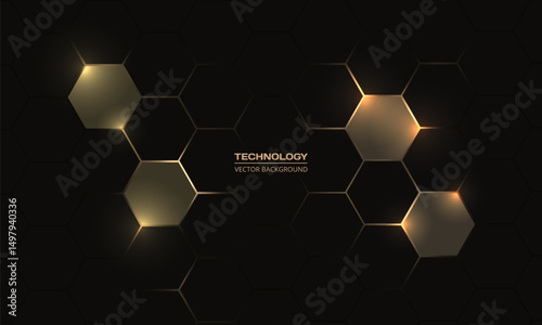 Hexagon technology black and gold colored honeycomb abstract background. Vector illustration