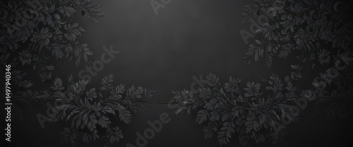Dark grey background with black damask & foliage  , ornate, abstract