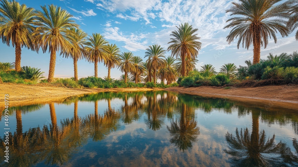 Obraz premium Palm trees reflecting in calm oasis water at sunrise