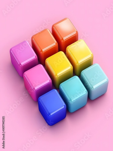 A group of nine colorful cubes arranged diagonally on a pink surface with a glossy and reflective finish