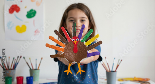 Young girl proudly showing hand-painted turkey craft in art studio  