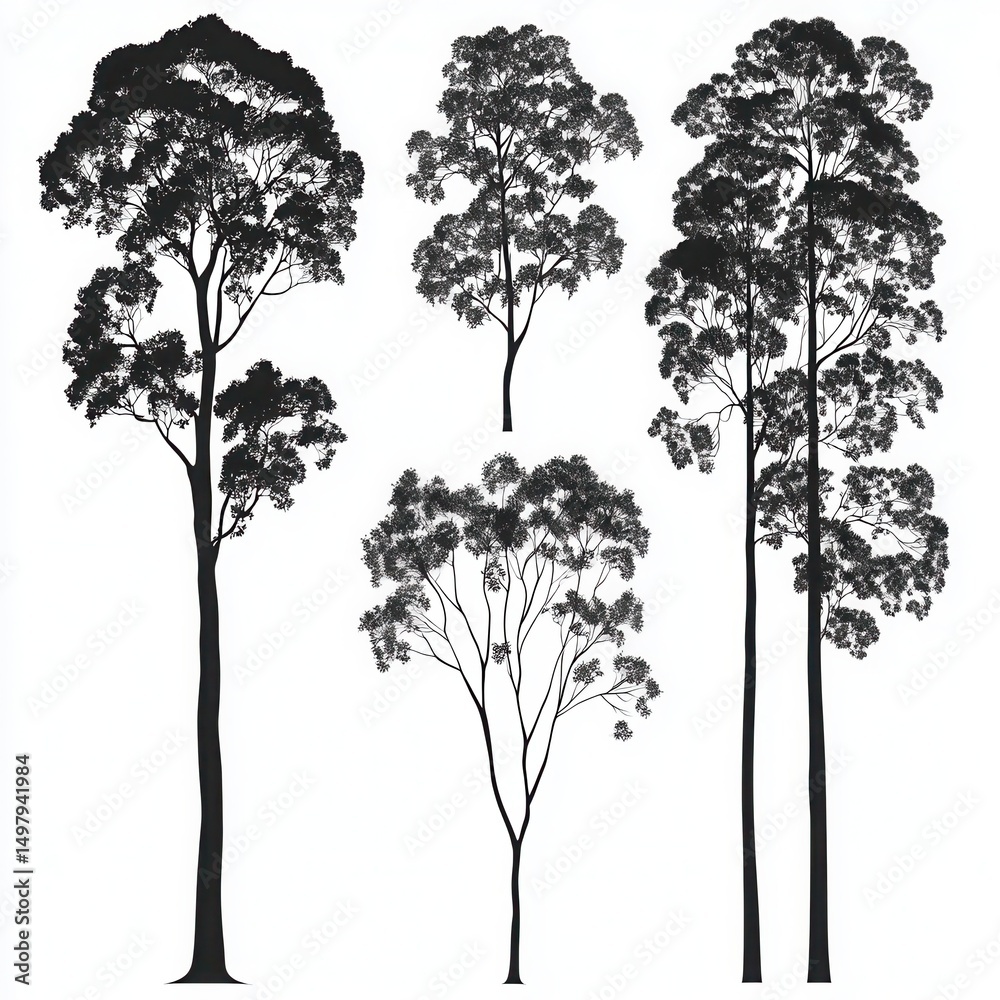 Obraz premium Silhouette of Various Trees with Detailed Branch Patterns and Shapes