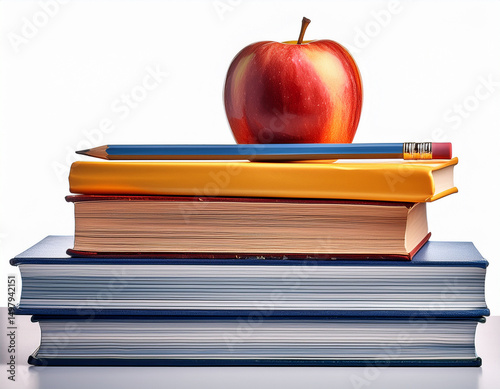 stack of books with a pencil and an apple on top