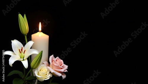 White lilies and roses with burning candle on black background for funeral sympathy memorial, copy space