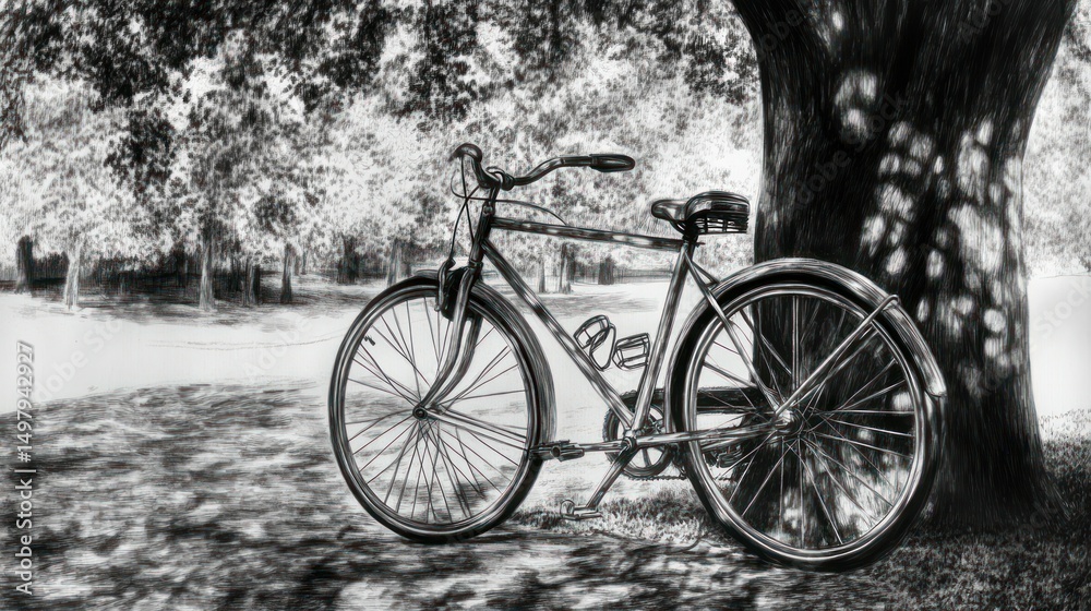 Obraz premium Vintage bicycle leaning against tree in park, grayscale